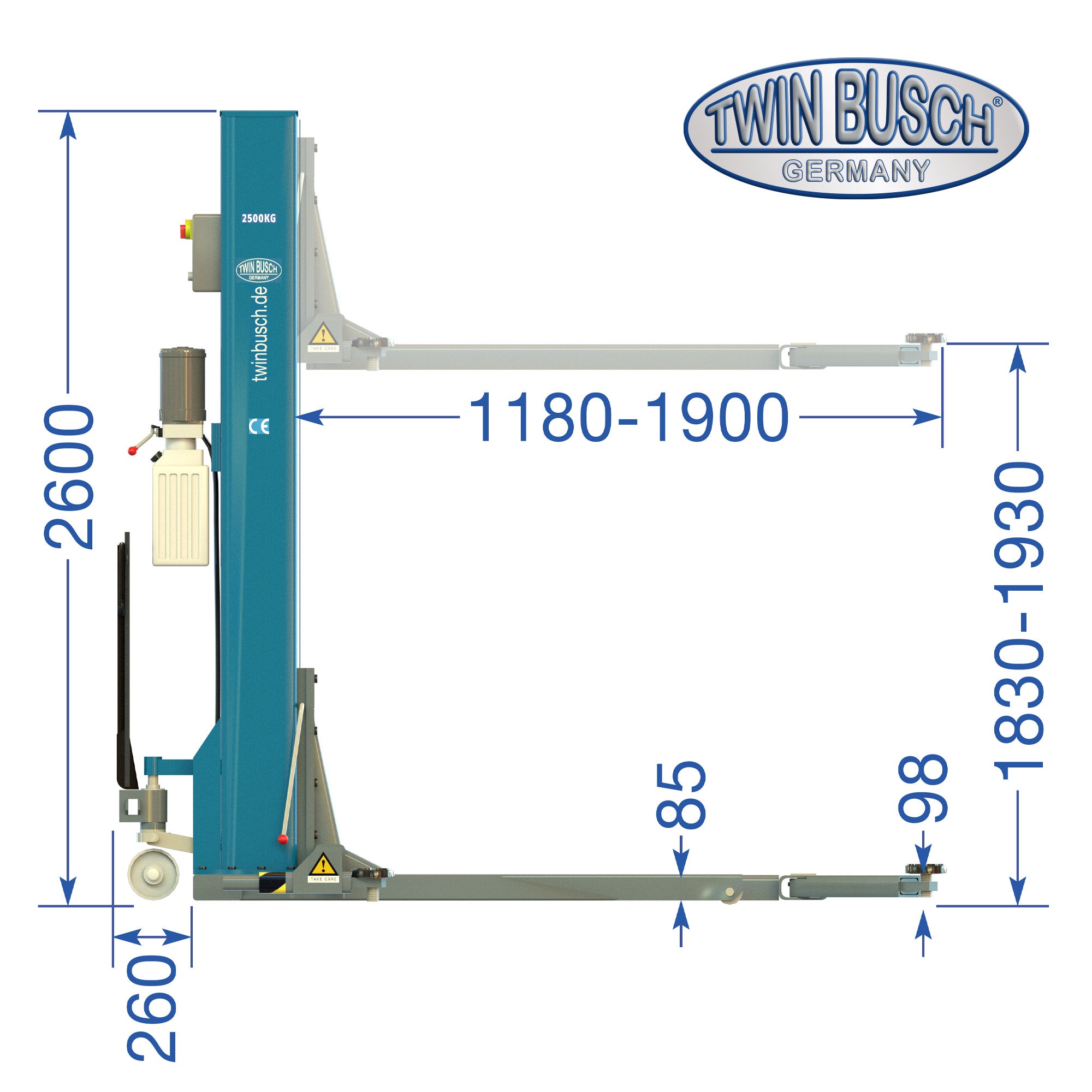 Twin Busch TW 125 M – Elevador monocolumna portátil 2,5 t, 230 V, altura máx. 1.930 mm